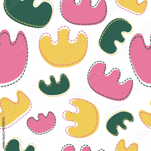 Seamless pattern with abstract shapes in yellow, pink and green on white background. Modern style for wallpaper, fabric, paper and packaging. Vector illustration.