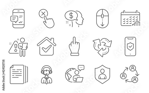Calendar graph, Pay and Scroll down line icons set. Recycle, Phone protection and Reject click signs. Teamwork, Shipping support and Smartphone notification symbols. Line icons set. Vector