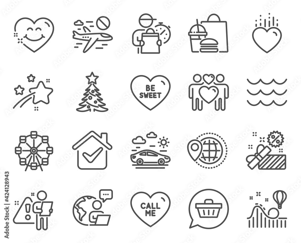 Holidays icons set. Included icon as Christmas tree, Roller coaster, Heart signs. Call me, Waves, Ferris wheel symbols. Love couple, Cancel flight, Be sweet. Car travel, World travel, Sale. Vector