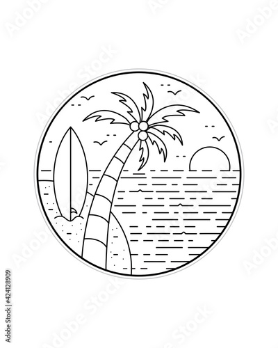 view of the sunset on the beach with surfboards and coconut trees in mono line art, patch badge design, emblem design, T-Shirt Design