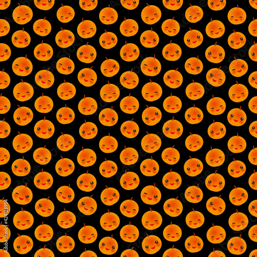Seamless pattern cute Kawaii orange peach apricot with wink eyes and pink cheeks, on black background trend of the season. Can be used for Gift wrap fabrics wallpapers, food packaging. Vector