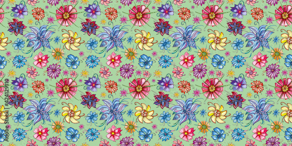 Seamless hand draw watercolor flowers pattern on isolated background. Flowers watercolor with colored pencils. For textile or wallpaper or case for fone.
