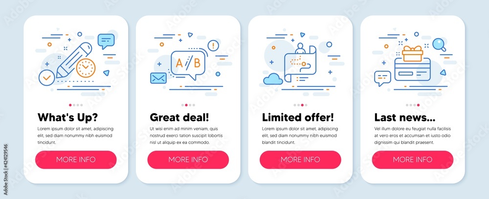 Set of Technology icons, such as Ab testing, Project deadline, Journey path symbols. Mobile screen app banners. Loyalty card line icons. Test chat, Time management, Project process. Vector