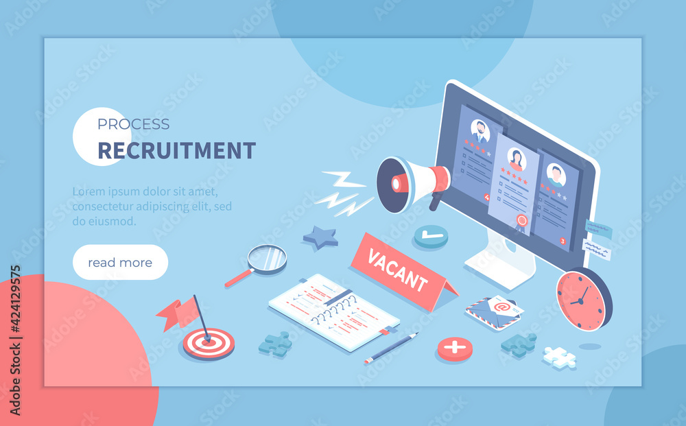 Recruitment Process. Human Resource Management and Hiring concept. Choosing the best candidate, search for a new employee. Isometric vector illustration for banner, website.