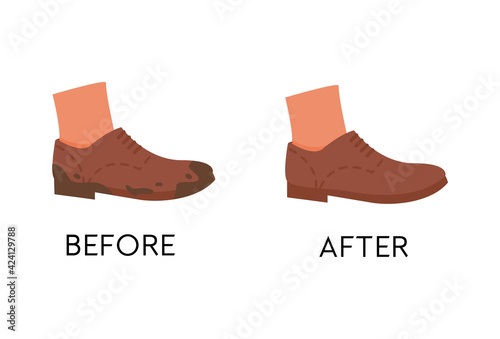 Before and After Dirty Shoe Cleaning Service. Unclean and clean footwear care. Brown color flat sole trendy shoes. Muddy and polished boots. Vector flat illustration isolated on white.