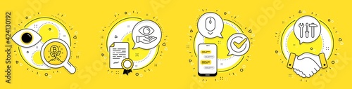 Scroll down, Bitcoin project and Health eye line icons set. Licence, cell phone and deal vector icons. Spanner tool sign. Mouse swipe, Cryptocurrency startup, Optometry. Repair screwdriver. Vector