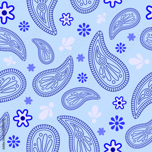 Vector seamless paisley blue floral unusual geometric patterns on light blue background