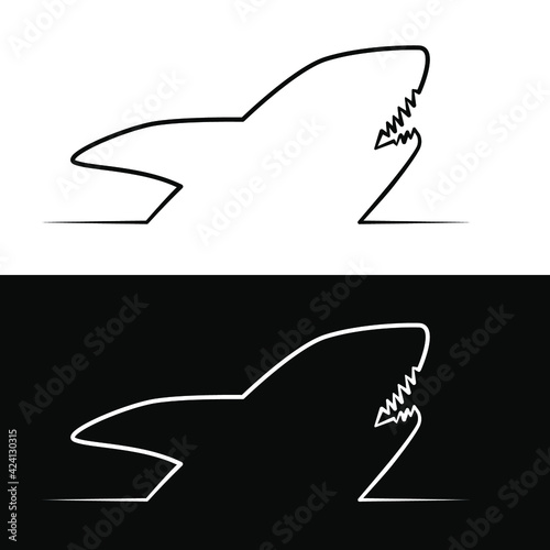 Drawn linear silhouette of a shark fish on a white and black background for the logo and design 