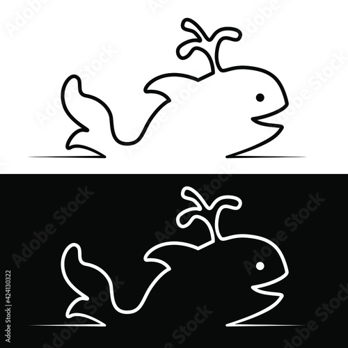 Drawn linear silhouette of a fish whale on a white and black background for the logo and design 