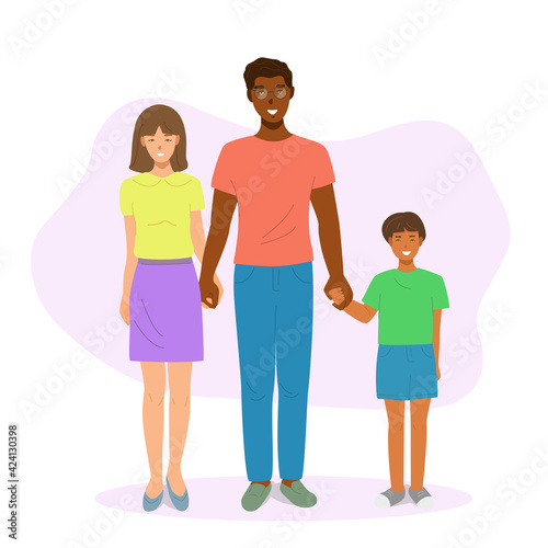 Happy smiling multiracial family standing and having fun together. Young cheerful Caucasian white mother and African-american father with son.