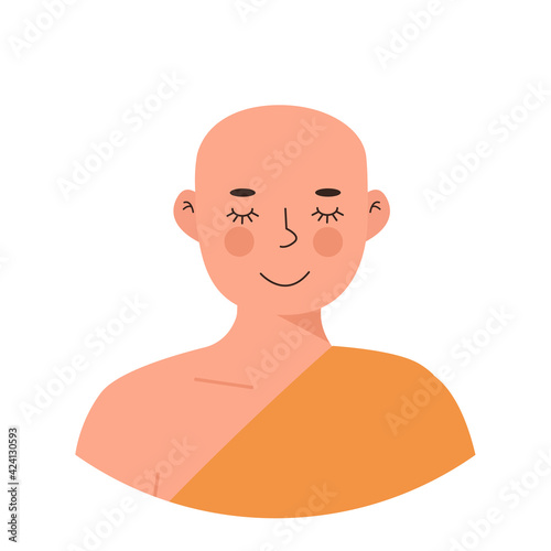 Cute Peaceful Buddhist Monk in yellow robe meditating with closed eyes. Meditation and yoga practicing. Zen. Mindfulness practice, self-awareness. Flat vector character isolated on white background.