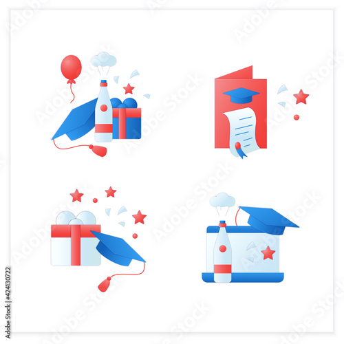 Graduation flat icons set. Graduation party, gift, online party, card. Studying concept. 3d vector illustrations