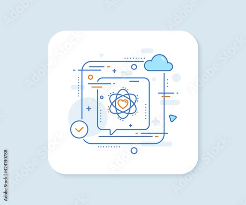 Atom with heart line icon. Abstract vector button. Energy sign. Chemical element symbol. Atom line icon. Speech bubble concept. Vector