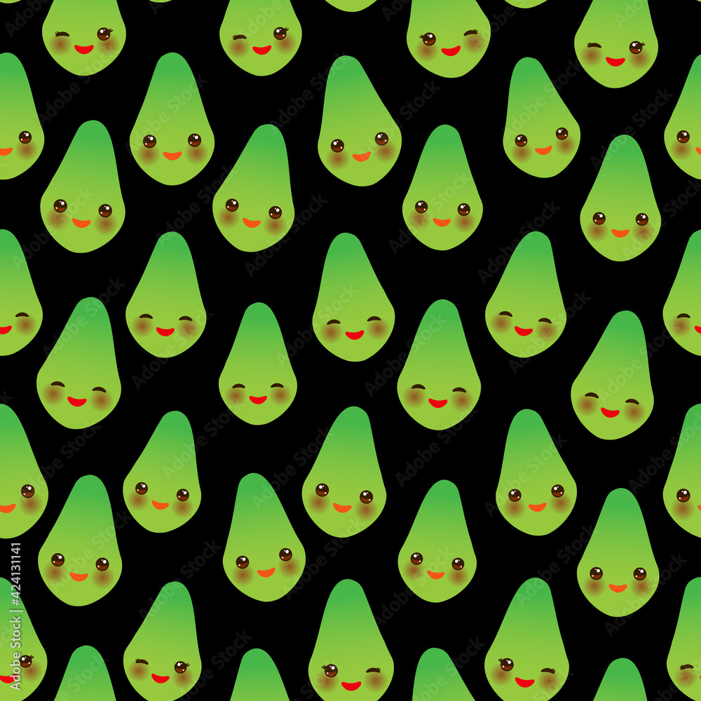 Seamless pattern with cute Kawaii avocado fruit with wink eyes and pink cheeks, on black background trend of the season. Can be used for Gift wrap fabrics, wallpapers, food packaging. Vector Seamless pattern with cute Kawaii avocado fruit with wink eyes and pink cheeks, on black background trend of the season. Can be used for Gift wrap fabrics, wallpapers, food packaging. Vector