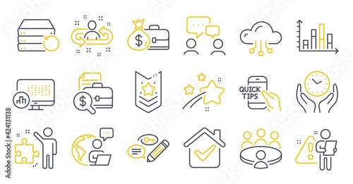 Set of Education icons, such as Report statistics, Keywords, Strategy symbols. Meeting, Recruitment, Salary signs. Cloud computing, People chatting, Safe time. Accounting report, Education. Vector