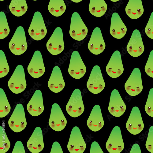 Seamless pattern with cute Kawaii avocado fruit with wink eyes and pink cheeks, on black background trend of the season. Can be used for Gift wrap fabrics, wallpapers, food packaging. Vector