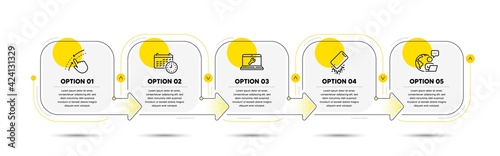 Swipe up, Laptop repair and Smartphone broken line icons set. Timeline process flowchart. Calendar sign. Touch down, Computer service, Phone crash. Time. Business set. Vector