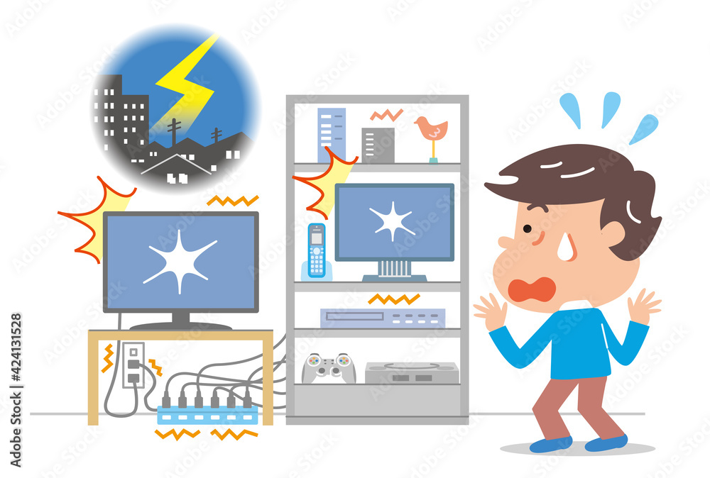 落雷 雷サージ 接続機器の被害を見て驚く若い男性のイラスト Stock Illustration Adobe Stock