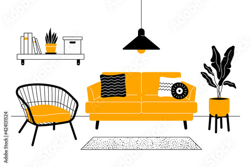 Modern living room interior. Scandinavian hygge style. 