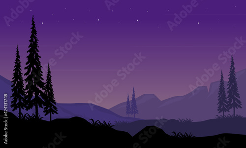 Cool night atmosphere with mountain views and incredible silhouettes of cypress trees. Vector illustration