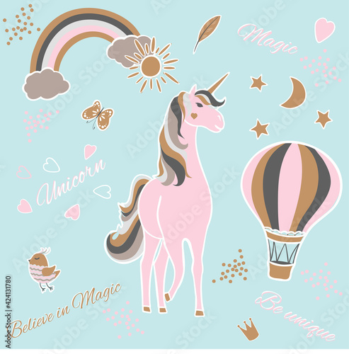 vector set of a cute design elements, unicorn, rainbow, hot air balloon. children poster with fairytale animals. Cartoon background with unicorn