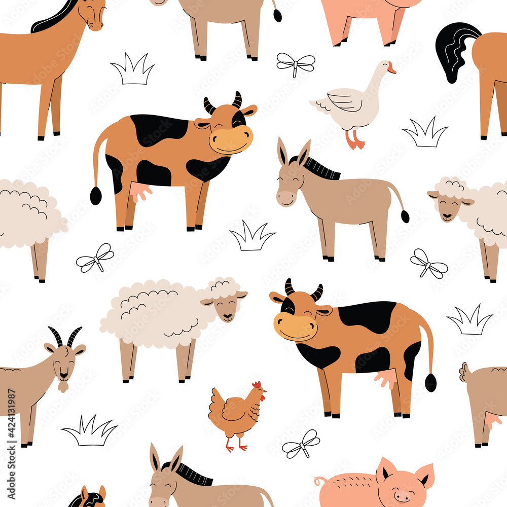 Seamless pattern with cute farm animals on a white background. Cow, donkey, sheep, horse, chicken, pig. Flat vector illustration Seamless pattern with cute farm animals on a white background. Cow, donkey, sheep, horse, chicken, pig. Flat vector illustration