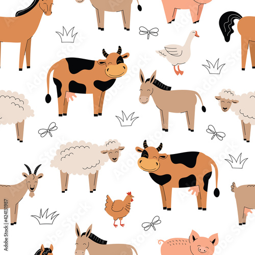 Seamless pattern with cute farm animals on a white background. Cow, donkey, sheep, horse, chicken, pig. Flat vector illustration