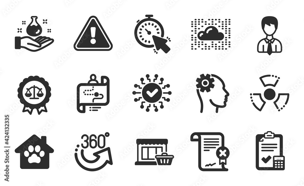 Obraz premium Chemical hazard, Chemistry lab and Journey path icons simple set. Cloud system, Security network and Pet shelter signs. Justice scales, Timer and Accounting checklist symbols. Flat icons set. Vector