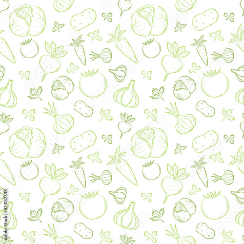 Seamless pattern with vegetables in a linear, hand-drawn style. Summer vegetables. Outline elements. Vector illustration in a flat style. Green vegetables isolated on a white background.