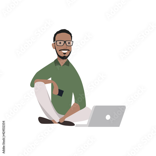 Cool man siting on the floor working on his laptop flat vector illustration
