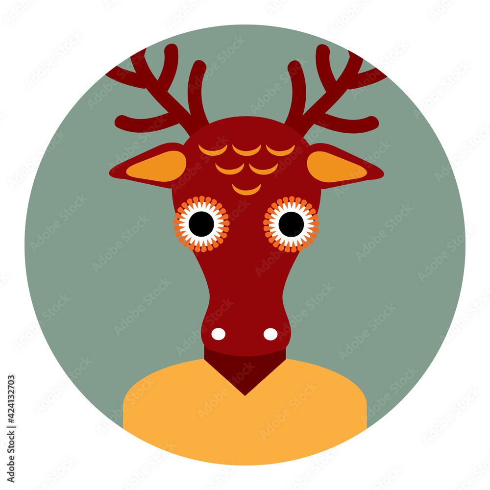 Kawaii funny deer, portrait, face on Gray round background. Card banner design Nursery decor trend of the season, scandinavian style. Vector