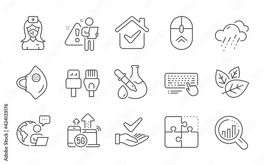 Computer keyboard, 5g internet and Nurse line icons set. Puzzle, Computer cables and Chemistry experiment signs. Swipe up, Medical mask and Rainy weather symbols. Line icons set. Vector Computer keyboard, 5g internet and Nurse line icons set. Puzzle, Computer cables and Chemistry experiment signs. Swipe up, Medical mask and Rainy weather symbols. Line icons set. Vector