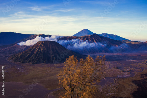 Spectacular Bromo Tengger Semeru National Park on East Java  Indonesia. Aerial view of volcano Bromo  Mount Semeru and Mount Batok from Penanjakan view point