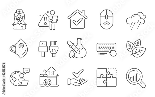 Computer keyboard, 5g internet and Nurse line icons set. Puzzle, Computer cables and Chemistry experiment signs. Swipe up, Medical mask and Rainy weather symbols. Line icons set. Vector