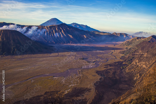 Early morning at Bromo Tengger Semeru National Park on East Java, Indonesia. Aerial view from Penanjakan view point