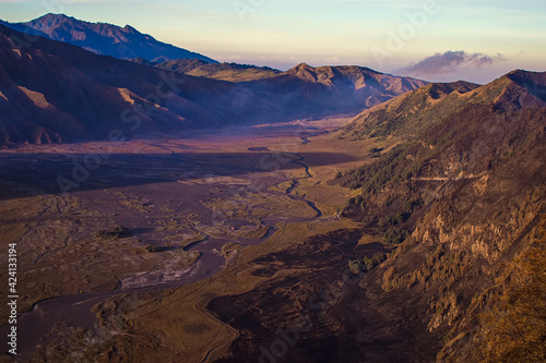 Early morning at Bromo Tengger Semeru National Park on East Java, Indonesia. Aerial view from Penanjakan view point