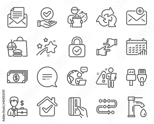 Business icons set. Included icon as Mail correspondence, Click hands, Tap water signs. Banking, New mail, Computer cables symbols. Security lock, Text message, Approved checkbox. Recycle. Vector