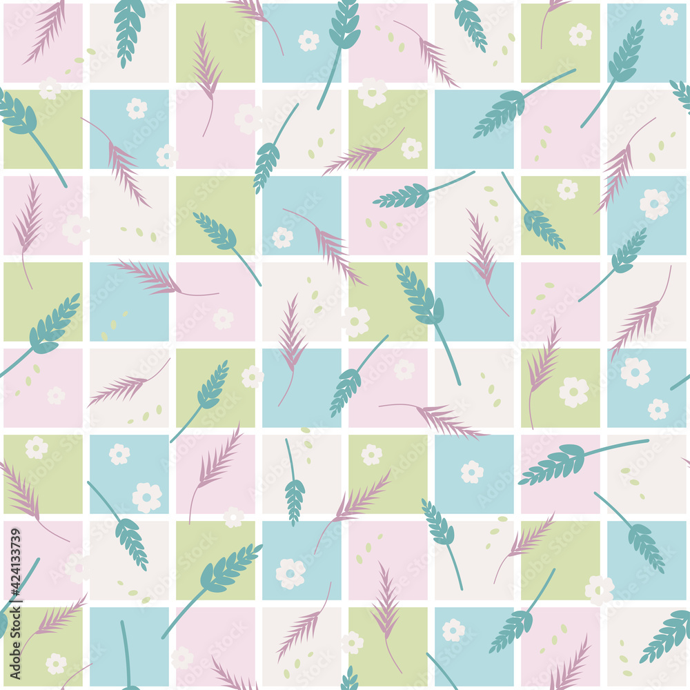 Geometric pattern of colored squares with ears, flowers and plants on a white background. Vector pattern with floral and square shapes. Pastel shades. Suitable for showcases, walls in the kitchen, chi