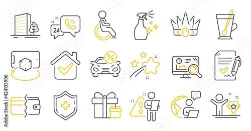 Set of line icons, such as Surprise package, Seo analytics, Buildings symbols. Medical shield, Tea mug, Payment methods signs. Winner cup, Disabled, 24h service. Augmented reality, Crown. Vector