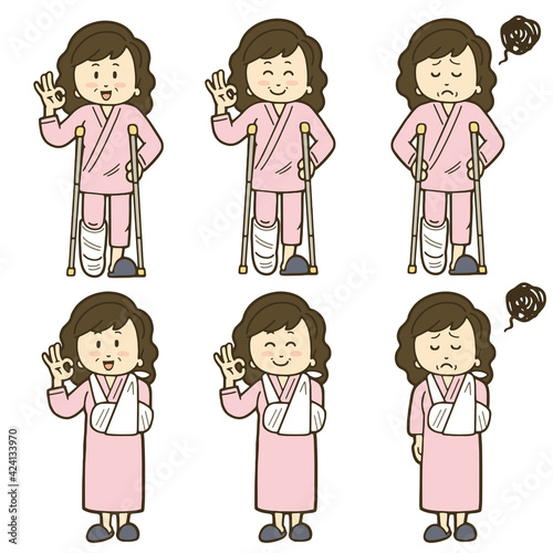 骨折で入院している中年女性のイラストセット