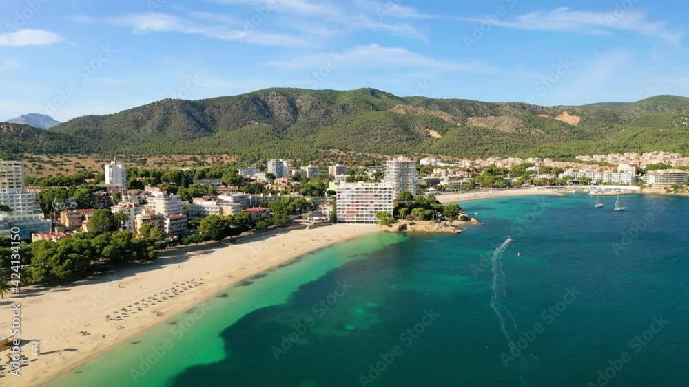 Mallorca, Spain. Aerial view of summer resort town Palma Nova on Mallorca (Majorca) island, sandy beach, clear waters of Mediterranean Sea - landscape of Balearic Islands from above, Europe. Mallorca, Spain. Aerial view of summer resort town Palma Nova on Mallorca (Majorca) island, sandy beach, clear waters of Mediterranean Sea - landscape of Balearic Islands from above, Europe.
