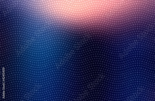 Shimmer dots wavy lines on dark blue polished background with pink spotlight on top. Abstract mosaic texture.