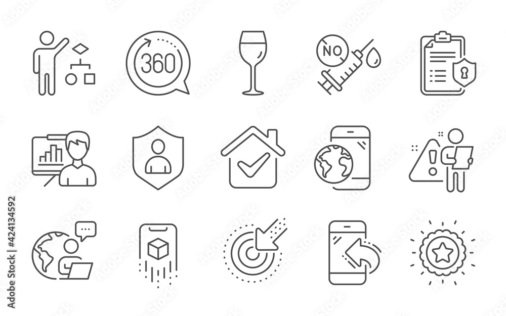 Targeting, Wine glass and Augmented reality line icons set. Incoming call, Security and Privacy policy signs. 360 degrees, Mobile internet and Presentation board symbols. Line icons set. Vector Targeting, Wine glass and Augmented reality line icons set. Incoming call, Security and Privacy policy signs. 360 degrees, Mobile internet and Presentation board symbols. Line icons set. Vector