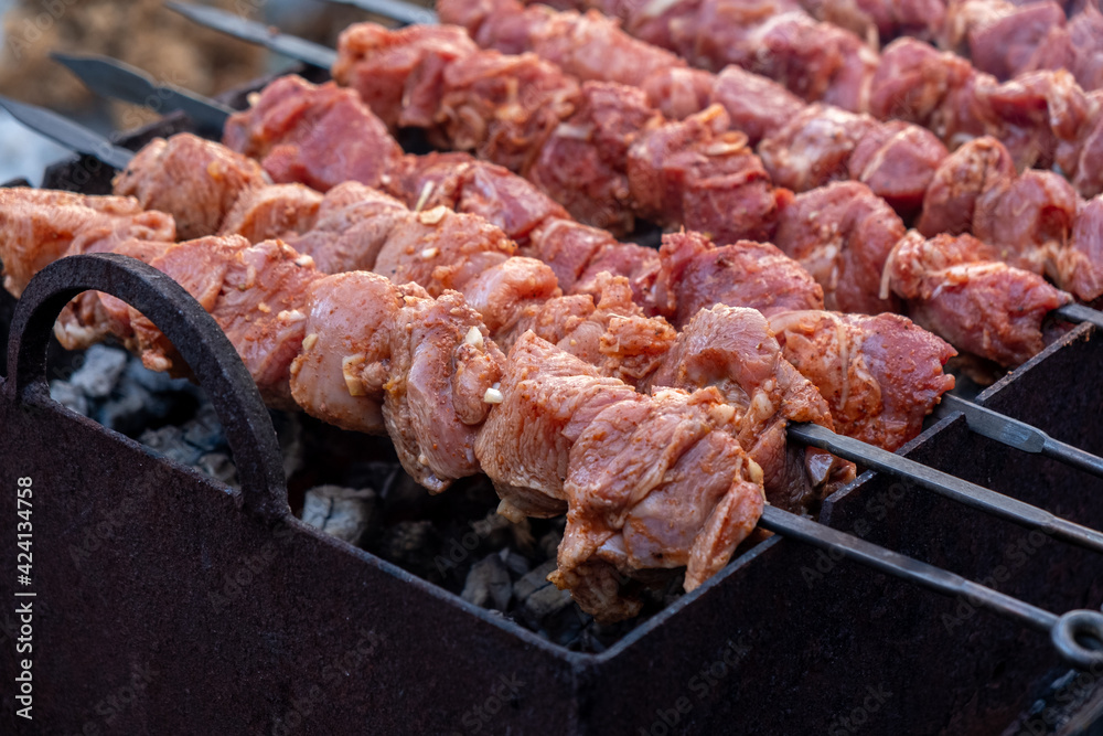 Marinated raw meat on coals.
