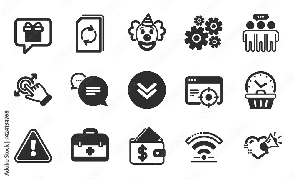 First aid, Employees group and Text message icons simple set. Clown, Cogwheel and Scroll down signs. Touchscreen gesture, Update document and Love message symbols. Flat icons set. Vector