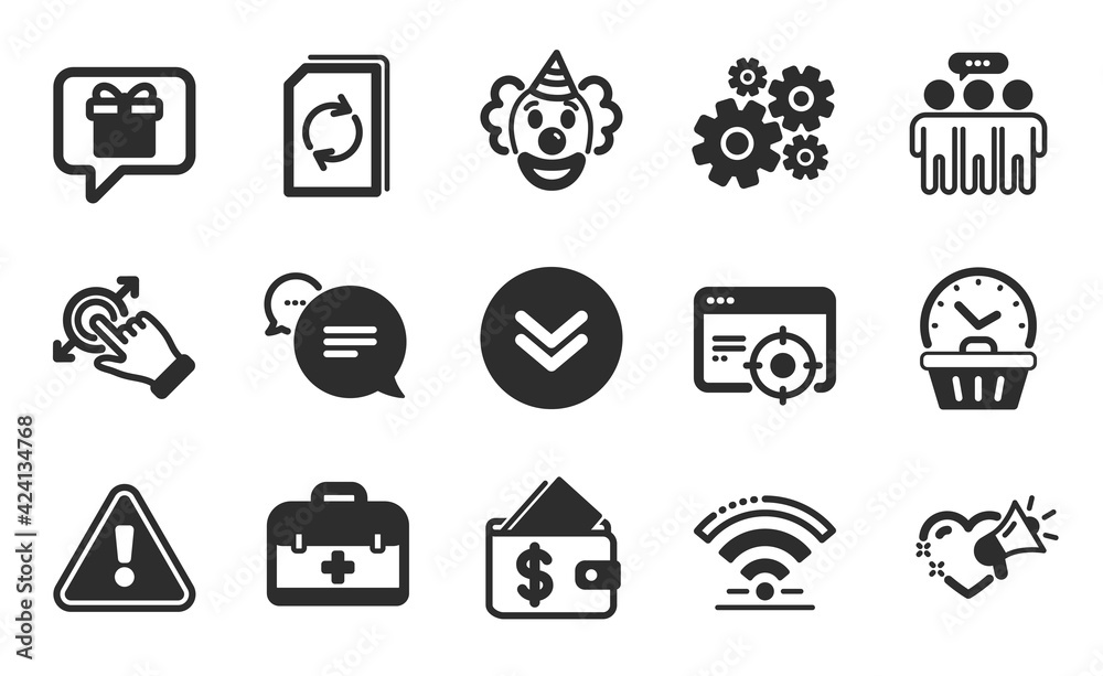 First aid, Employees group and Text message icons simple set. Clown, Cogwheel and Scroll down signs. Touchscreen gesture, Update document and Love message symbols. Flat icons set. Vector First aid, Employees group and Text message icons simple set. Clown, Cogwheel and Scroll down signs. Touchscreen gesture, Update document and Love message symbols. Flat icons set. Vector