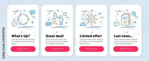 Set of Business icons, such as Recycling, Copywriting network, Bitcoin project symbols. Mobile app mockup banners. Handout line icons. Reduce waste, Content networking, Cryptocurrency startup. Vector