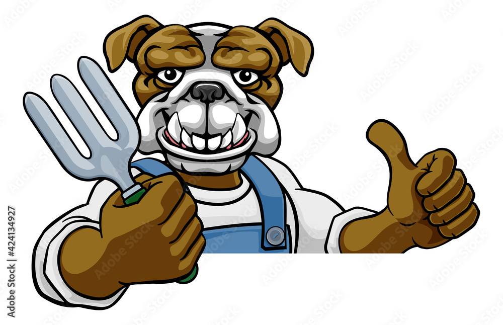 Bulldog Gardener Gardening Animal Mascot - obrazy, fototapety, plakaty 