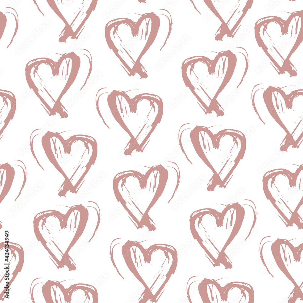 Seamless pattern pink white heart brush strokes lines design, abstract simple scandinavian style background grunge texture. trend of the season. Can be used for Gift wrap fabrics, wallpapers. Vector