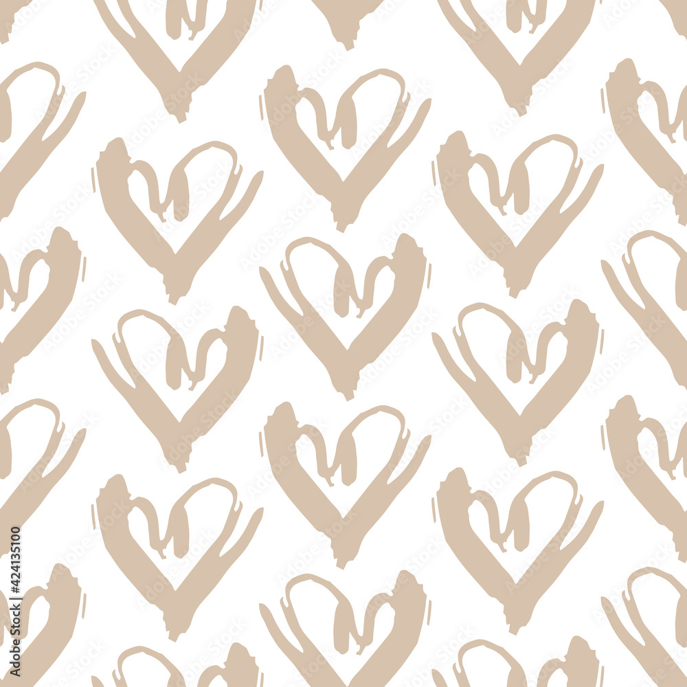 Fototapeta premium Seamless pattern bege white heart brush strokes lines design, abstract simple scandinavian style background grunge texture. trend of the season. Can be used for Gift wrap fabrics, wallpapers. Vector